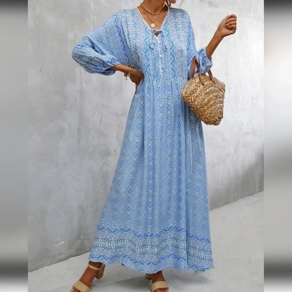 Allover Print Tie Neck Lantern Sleeve Dress - Picture 1 of 6